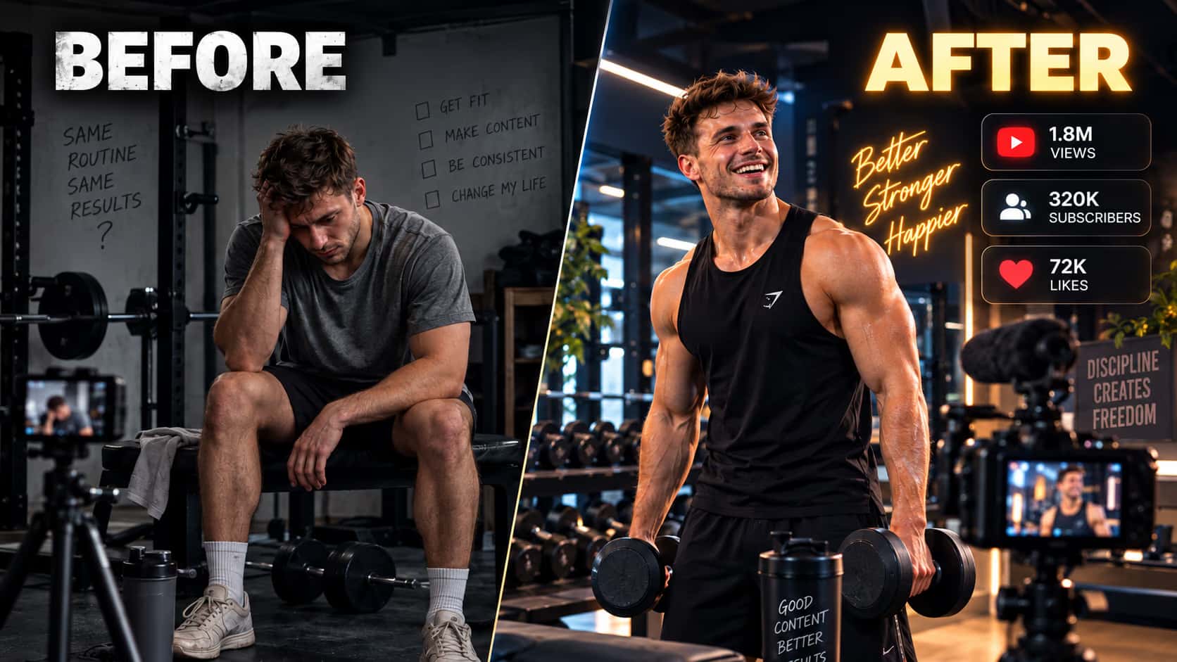 Before and after transformation of a small creator in the USA building a music content studio and growing a YouTube audience with professional creator setup