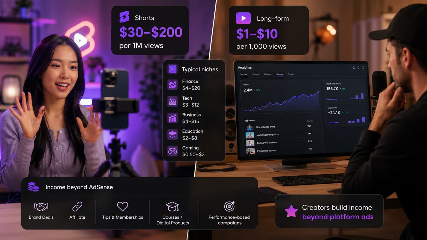 Typical YouTube RPM by niche, with Shorts vs long-form payout ranges