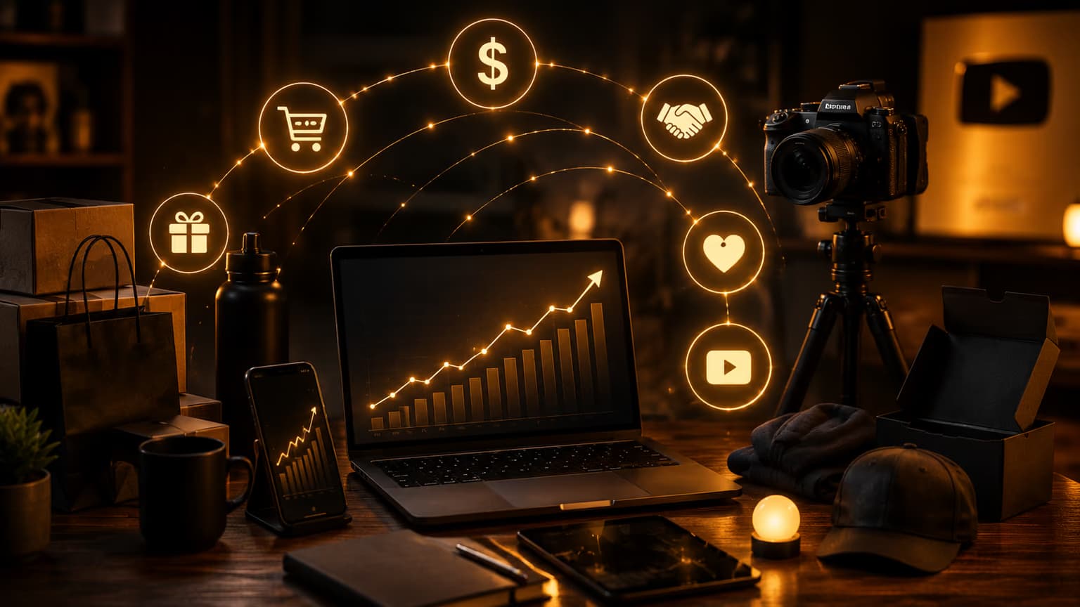 Studio dashboard with YouTube analytics and income streams — ads, memberships, brand deals, merch, and affiliates