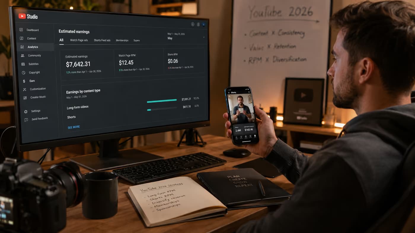 YouTube Studio dashboard comparing long-form RPM to Shorts RPM