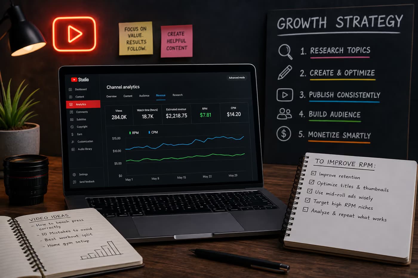 Desk plan for search-driven video ideas, growth strategy, and RPM levers