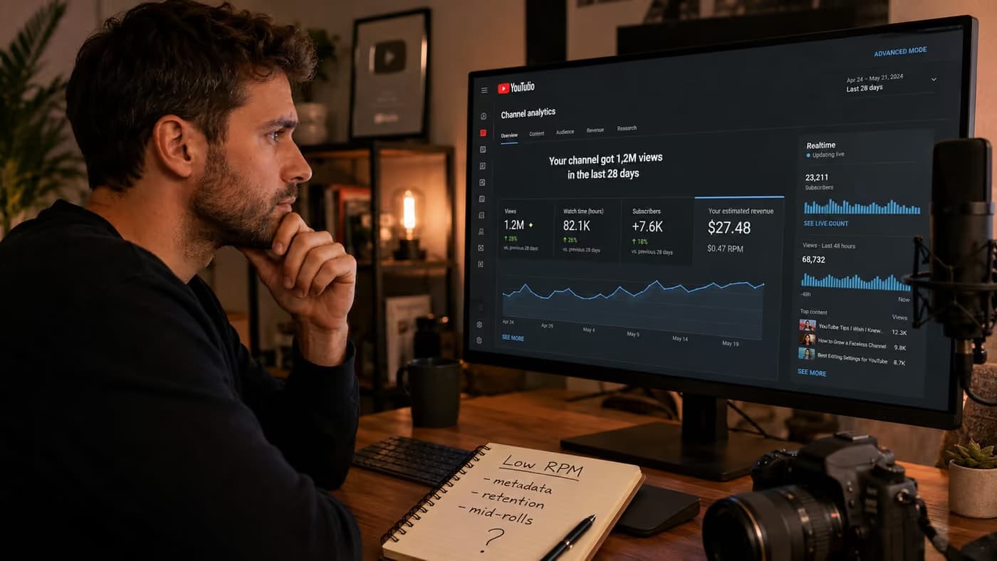YouTube Studio showing 1.2 million views against a stalled $0.47 RPM