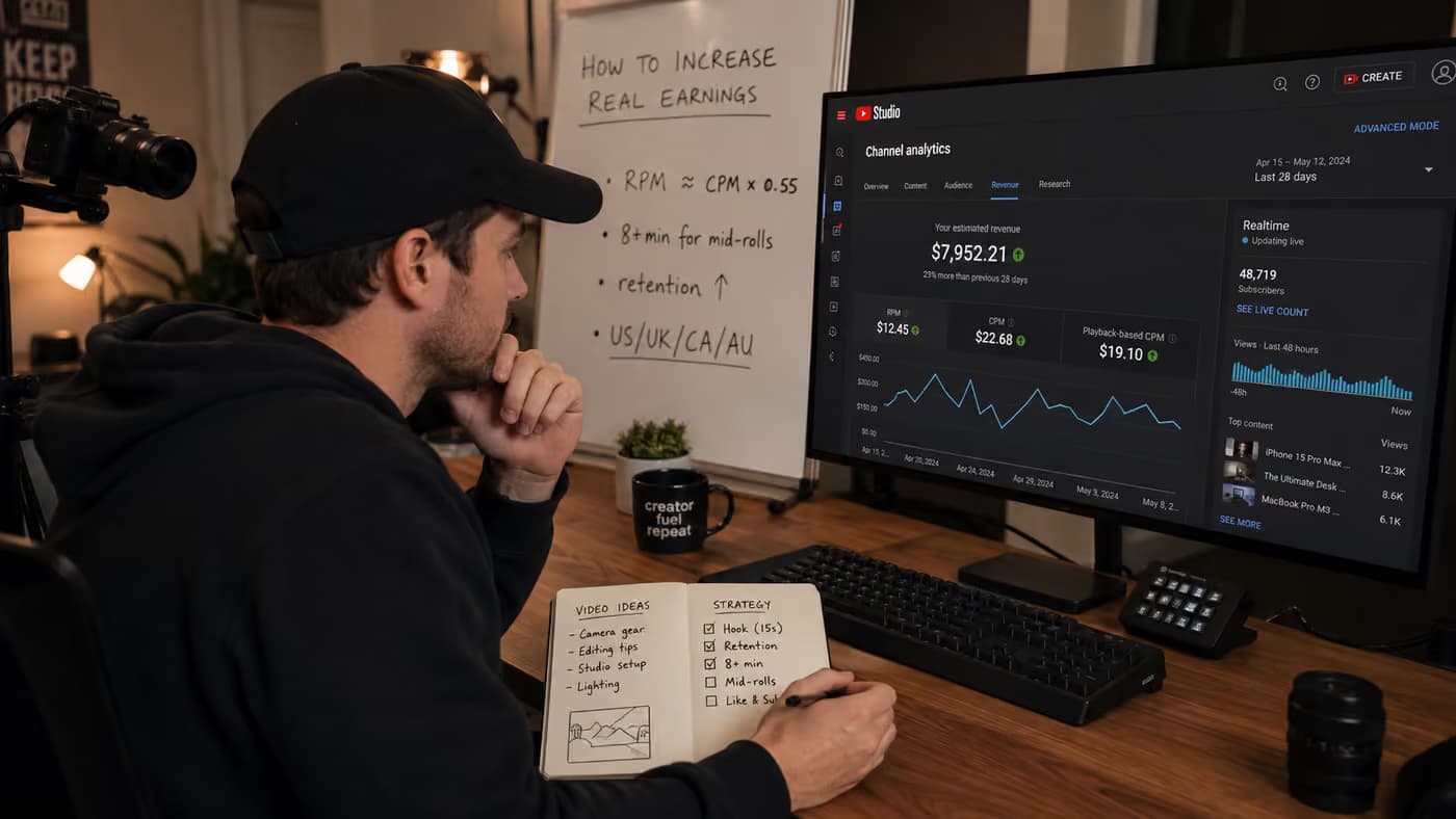استوديو منشئ يعرض RPM مقابل CPM على الشاشة ورافعات لرفع الأرباح الحقيقية