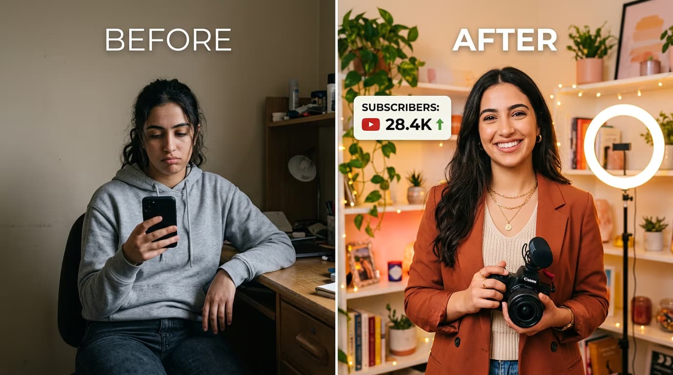 Before and after journey of a small creator in the USA becoming a successful lifestyle and YouTube content creator with professional camera studio