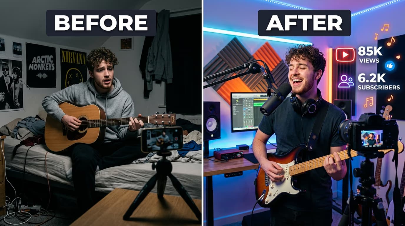Before and after transformation of a small creator in the USA building a music content studio and growing a YouTube audience with professional creator setup