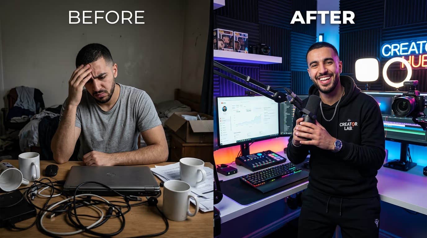Small creator in the USA transforming from struggling content creator to successful YouTuber with professional streaming and recording studio