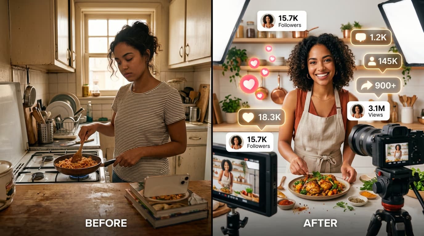 Small creator in the USA building a food content creator business from home kitchen to successful social media influencer setup