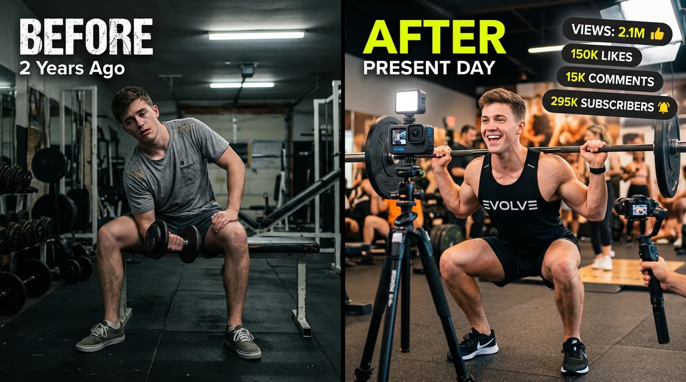 Before and after transformation of a small creator in the USA growing a fitness influencer channel with gym workout content and viral social media videos