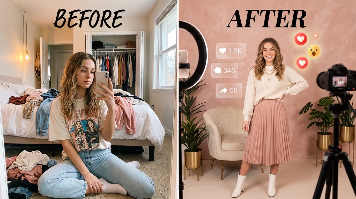 Small fashion creator in the USA transforming from casual social media user to successful lifestyle influencer with professional creator studio and audience engagement