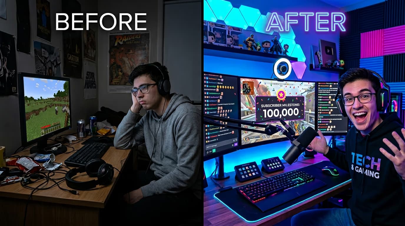 Small gaming creator in the USA upgrading from beginner streamer setup to professional gaming and tech content creator studio with YouTube success