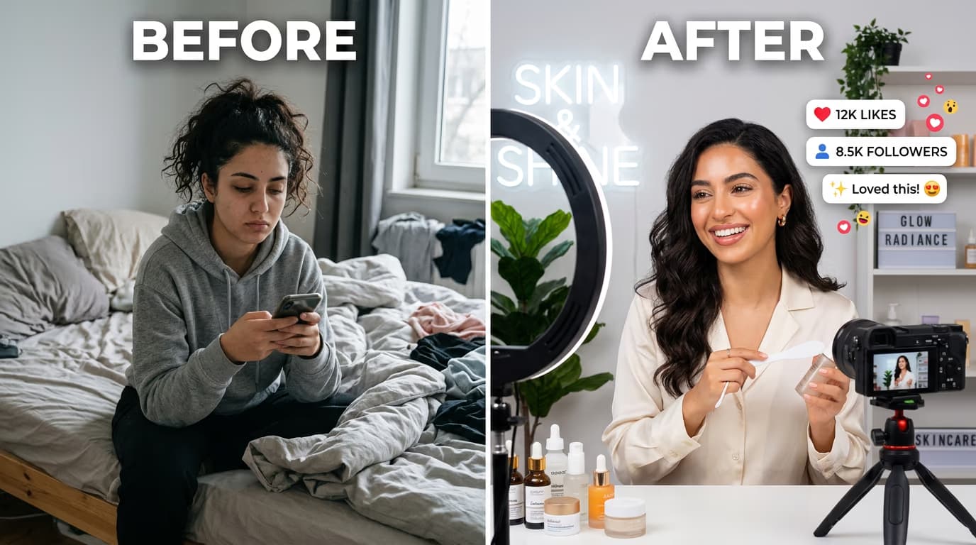 Before and after journey of a small beauty creator in the USA building a skincare influencer brand with social media audience growth and content creation setup