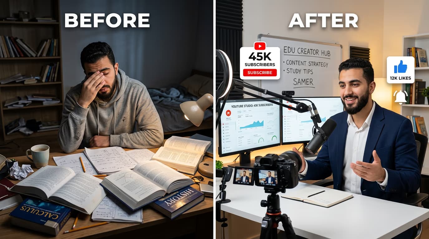 Before and after success story of a small creator in the USA growing an educational YouTube channel with content strategy and creator studio