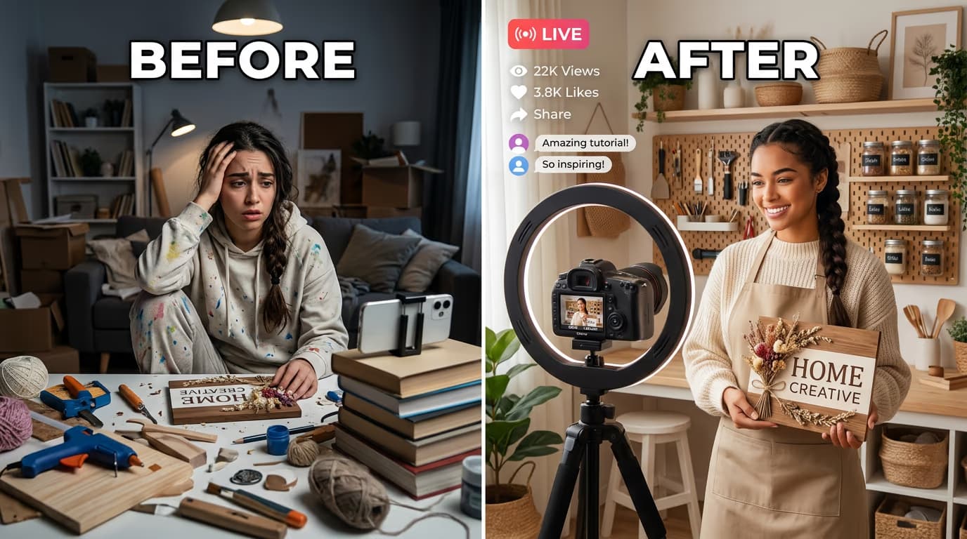 Before and after success story of a small DIY creator in the USA building a handmade crafts content creator business with live streaming and social media growth