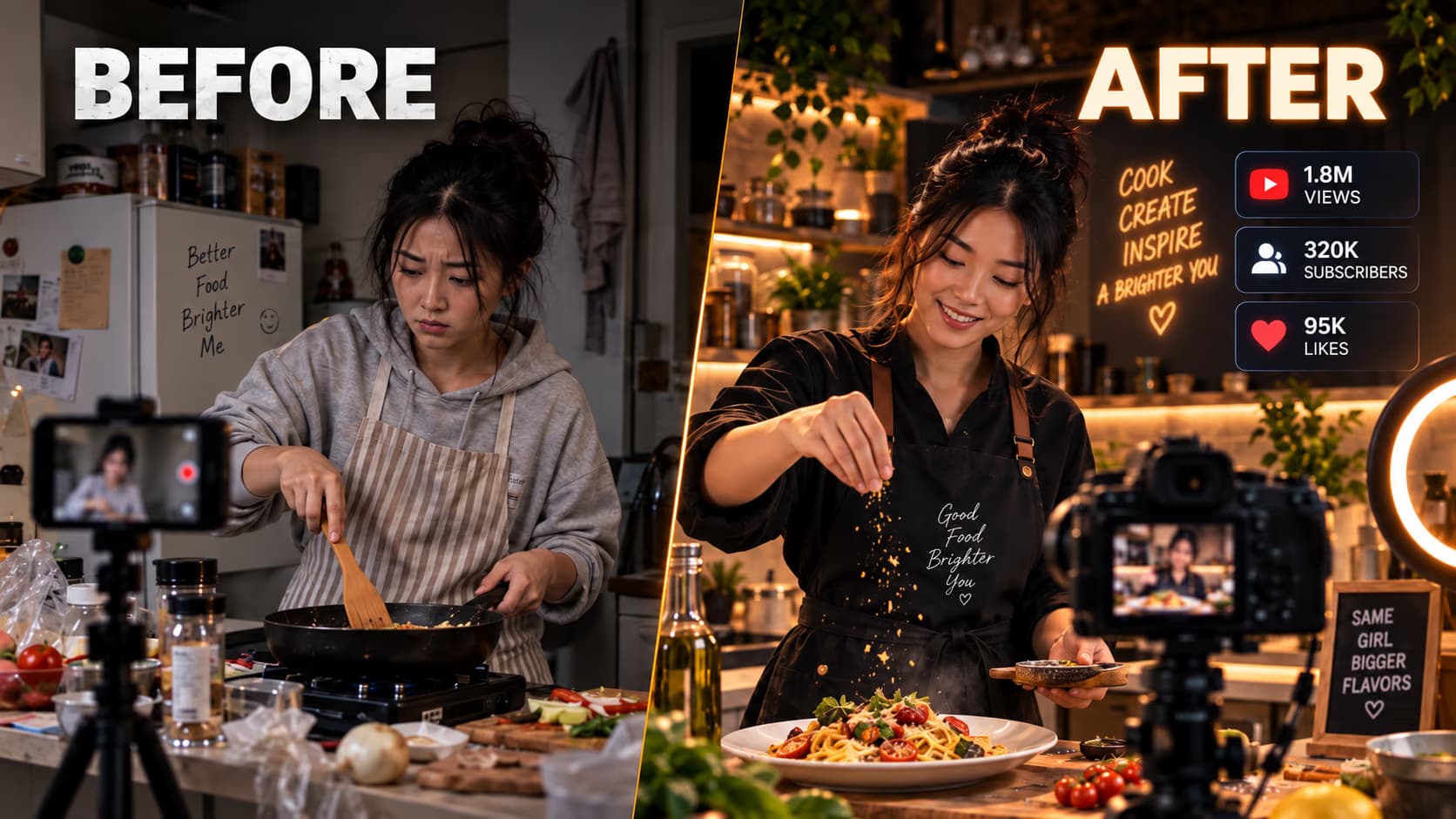 Before and after journey of a small creator in the USA becoming a successful lifestyle and YouTube content creator with professional camera studio