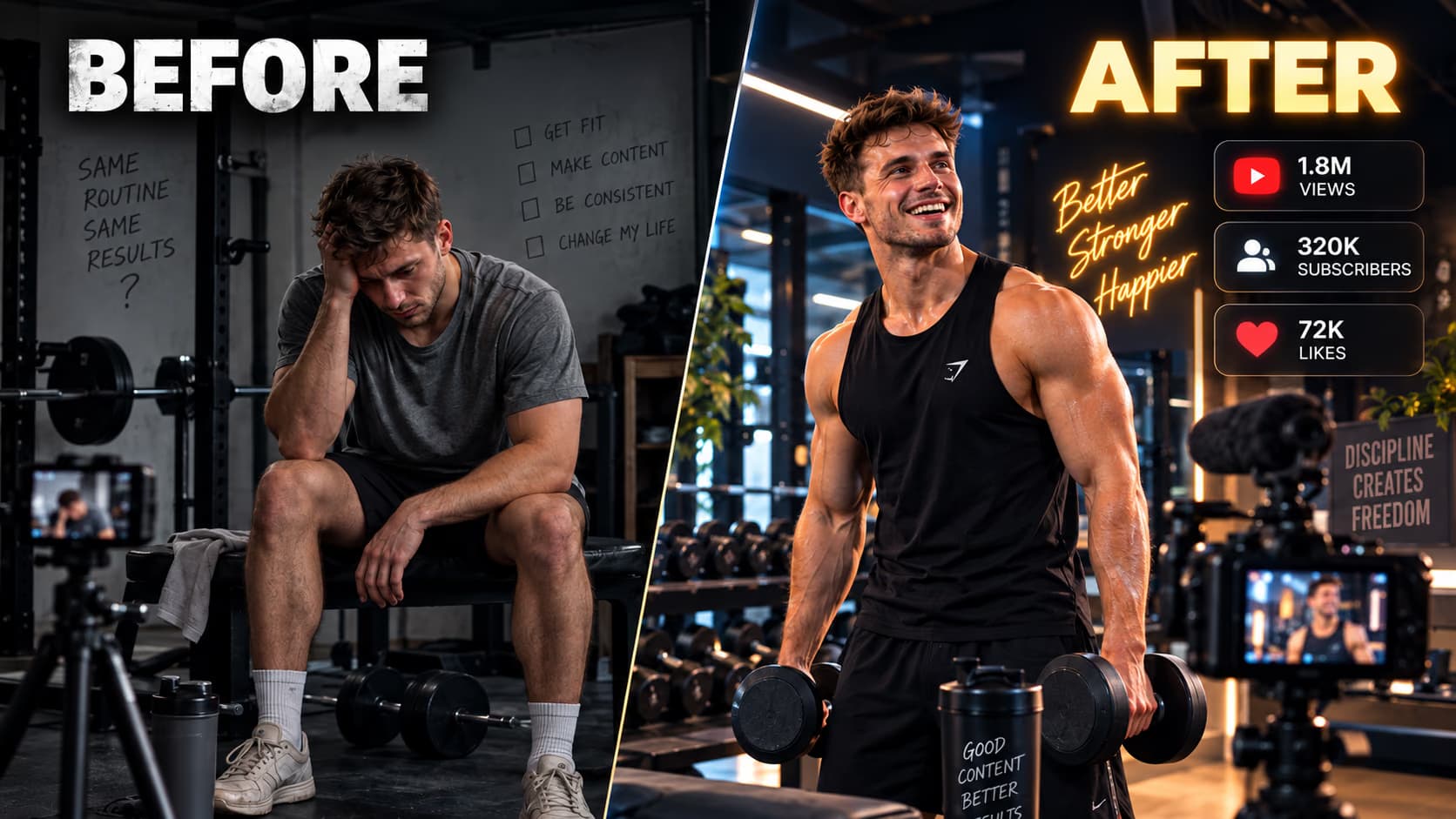 Before and after transformation of a small creator in the USA building a music content studio and growing a YouTube audience with professional creator setup