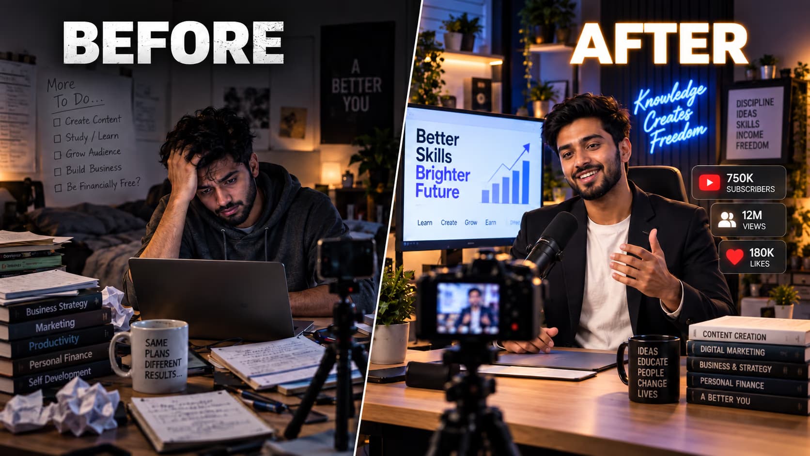 Small creator in the USA transforming from struggling content creator to successful YouTuber with professional streaming and recording studio