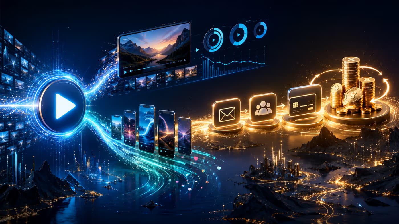 Video views flowing through email capture and community into an owned paywall and stacked coins
