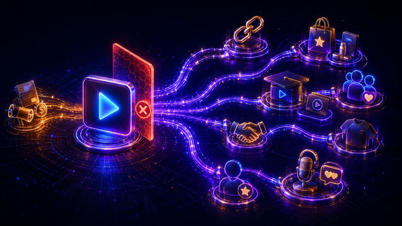 Play button blocked by a restriction barrier while affiliate, brand, community, merch, and product nodes stay lit