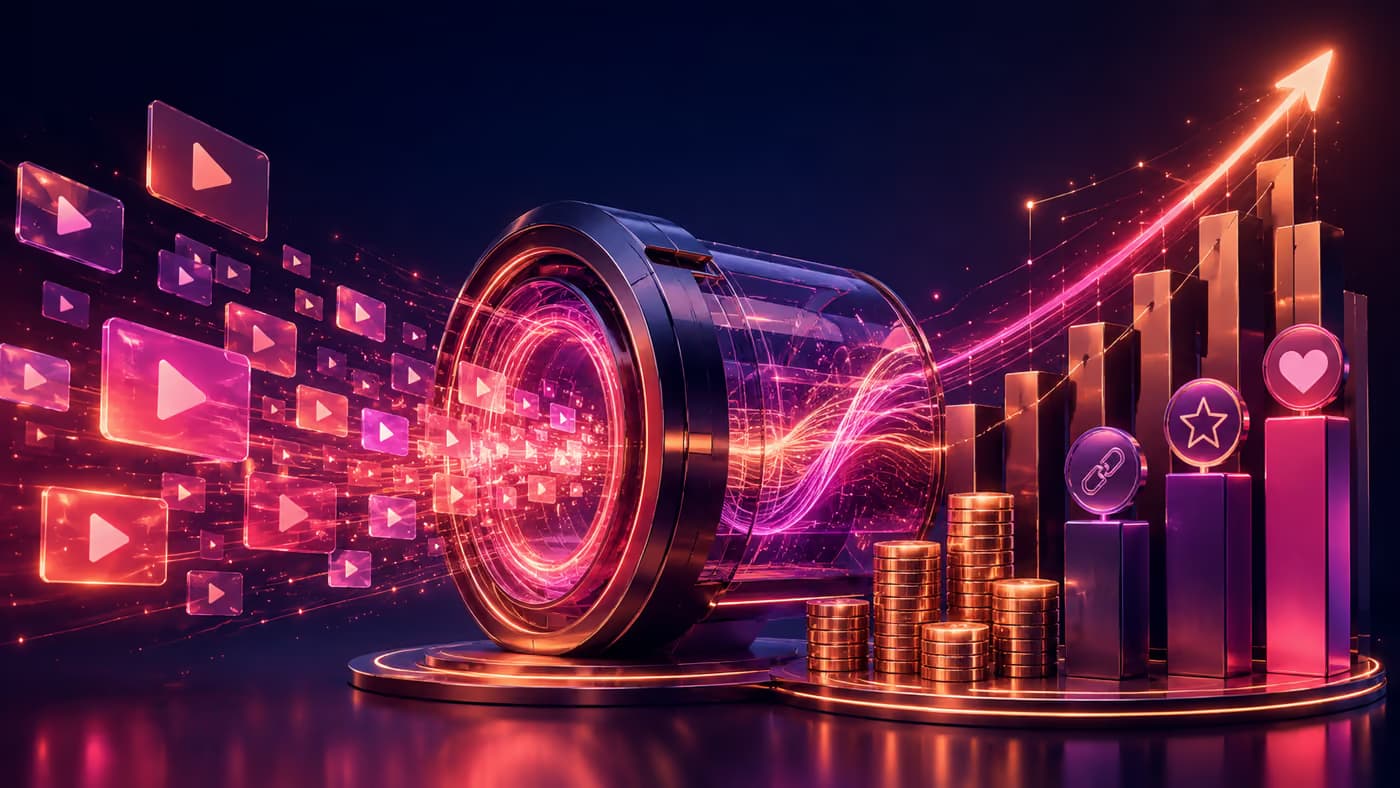 Views flowing through a forecast engine into three growth paths and realized ad revenue
