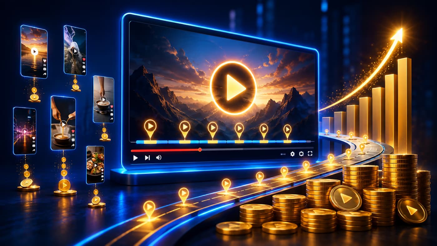 Shorts as a discovery stream feeding a long-form monitor where mid-rolls and revenue sit
