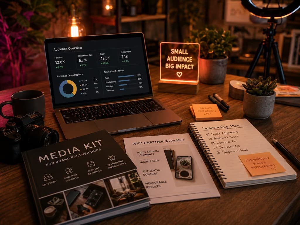 Bureau créateur avec media kit, plan de sponsoring et analytics d’une petite audience à fort engagement