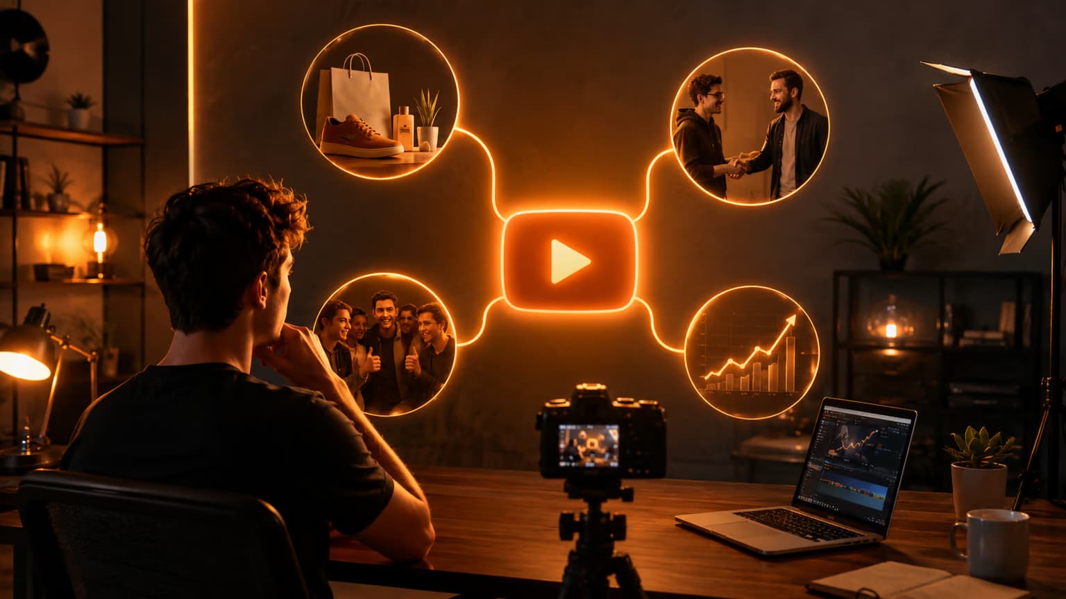 YouTube as a hub with affiliate, brand, community, and performance income streams branching off the platform