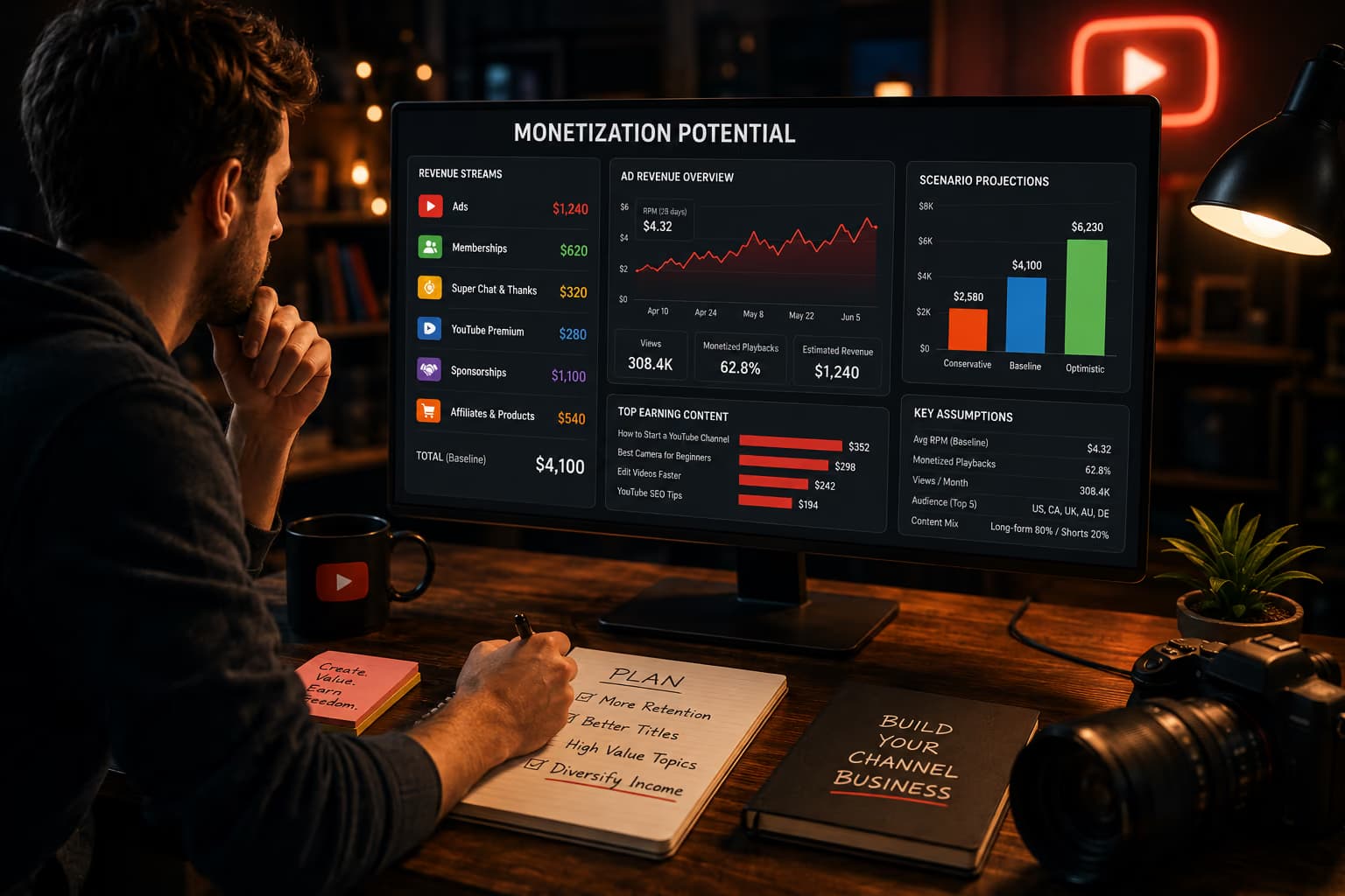 Creator reviewing conservative, baseline, and optimistic monetization scenarios on a studio dashboard