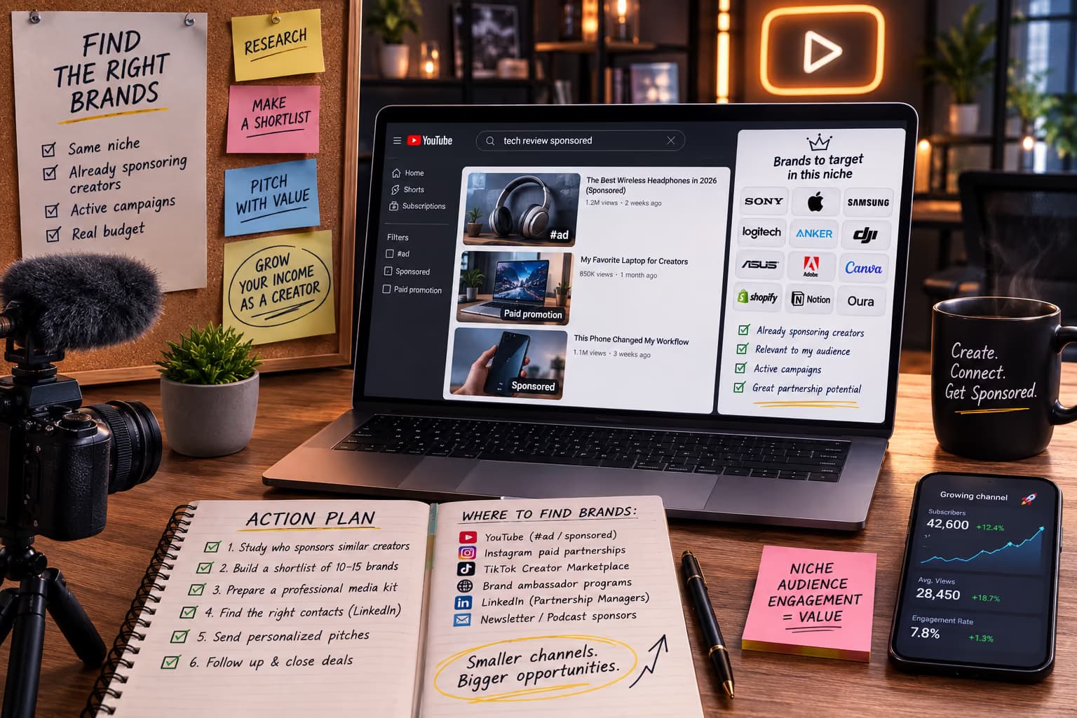Creator notebook with a sponsor-discovery action plan and a YouTube search for sponsored videos in-niche