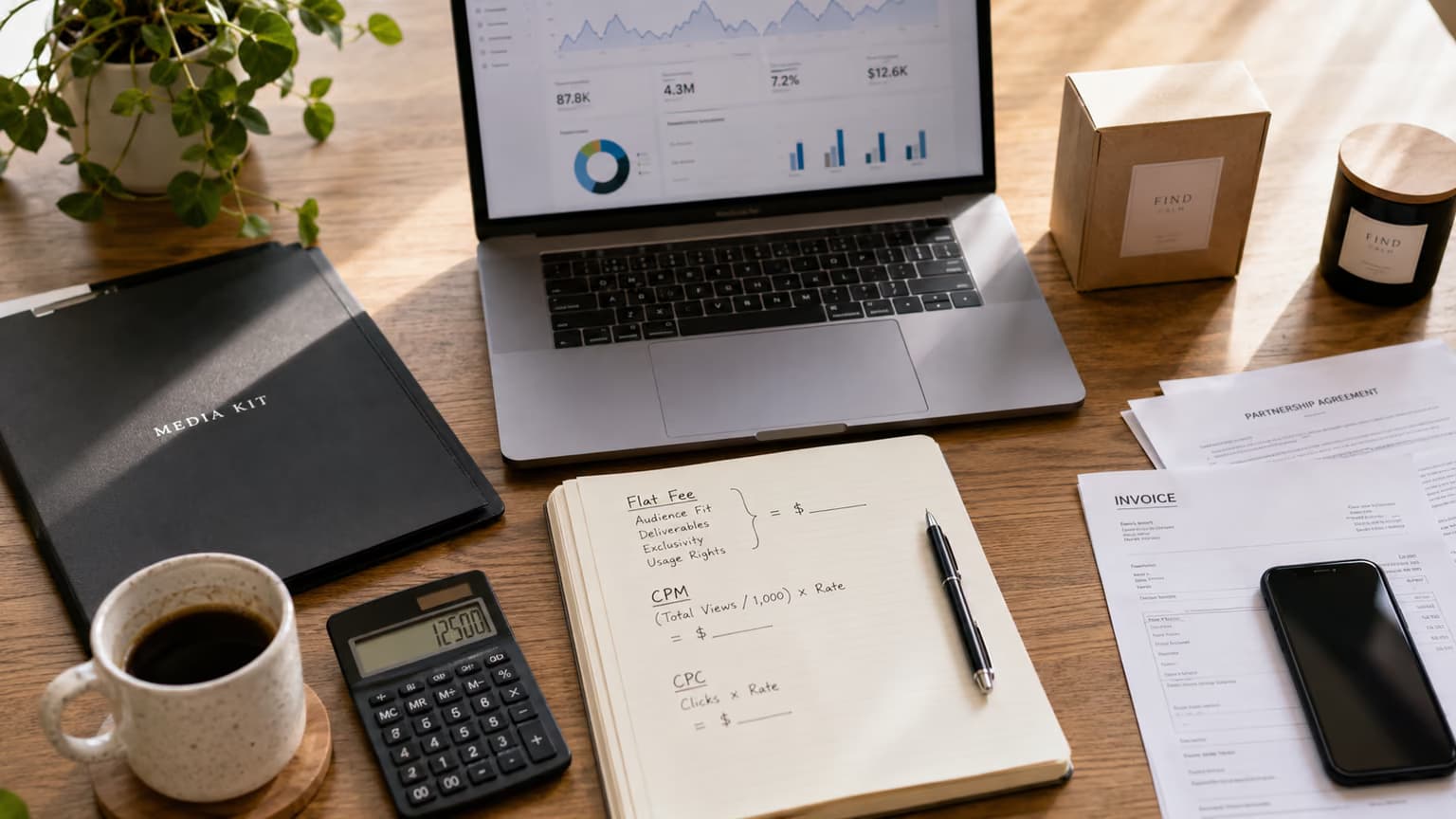 Carnet avec formules Forfait, CPM et CPC à côté d’une calculette, d’un contrat de partenariat et d’un media kit