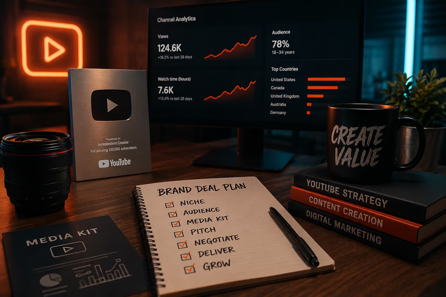 Un bureau créateur avec une checklist de plan de deal marque : niche, audience, media kit, pitch, négociation, livraison et croissance