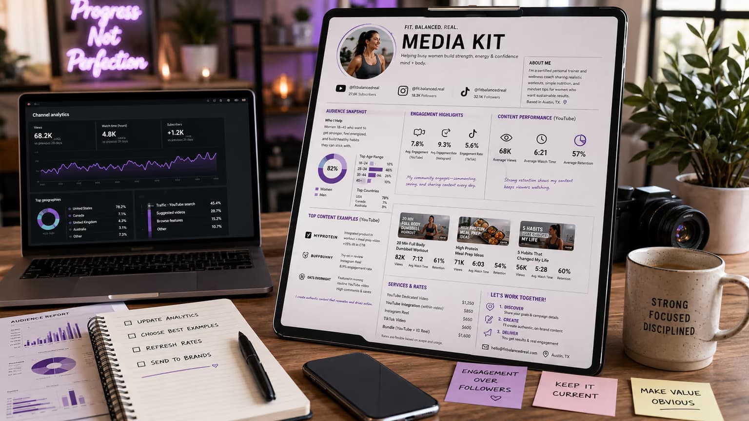 One-page creator media kit on a tablet beside YouTube analytics, with a checklist to update stats and rates