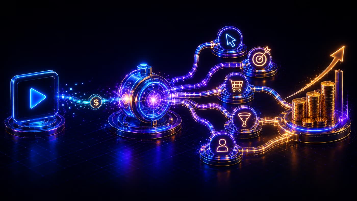 Video flowing through a performance engine into clicks, targets, carts, and stacked coins