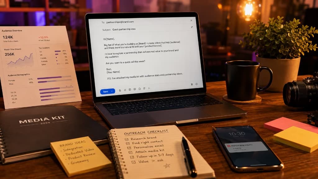 Creator desk with a sponsorship pitch email, media kit, and outreach checklist