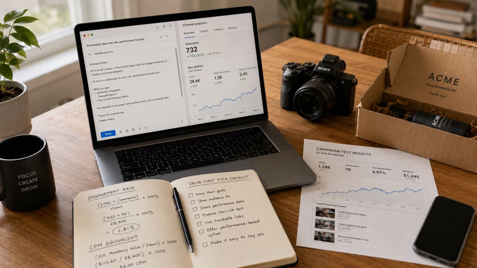 Value-first pitch checklist with engagement-rate and CPM-equivalent formulas beside a 30-day campaign results sheet