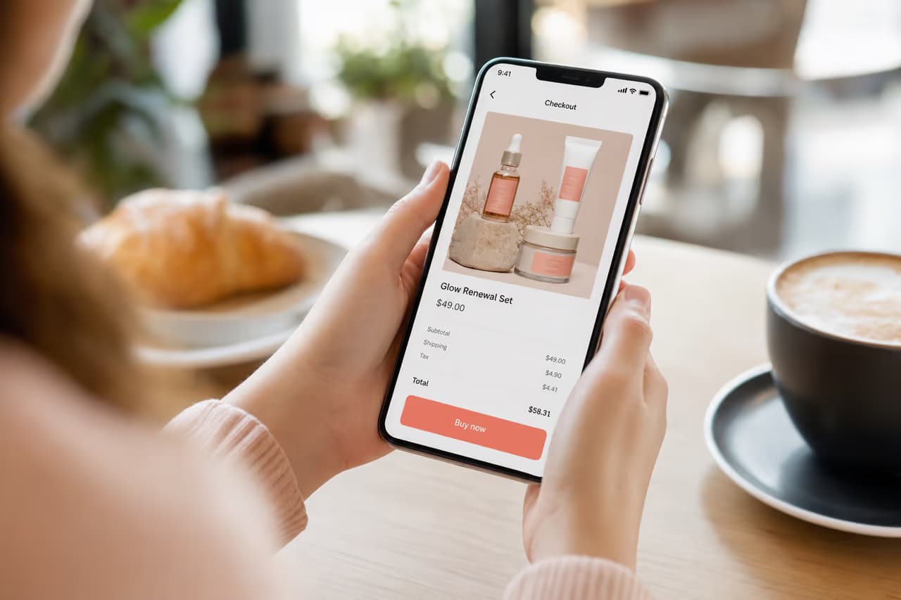 Acheteur finalisant un achat in-app sur smartphone