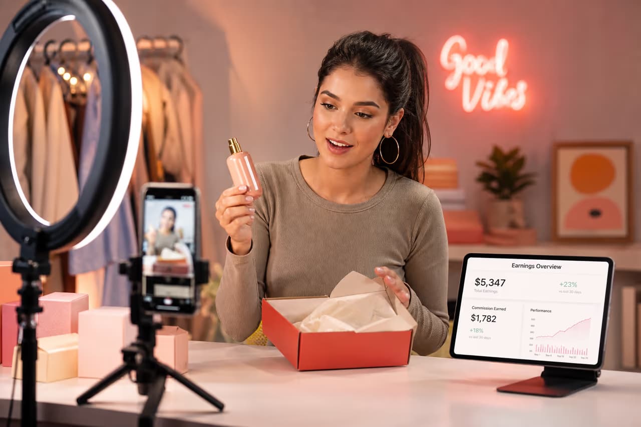 Créateur filmant une review produit devant un tableau de revenus