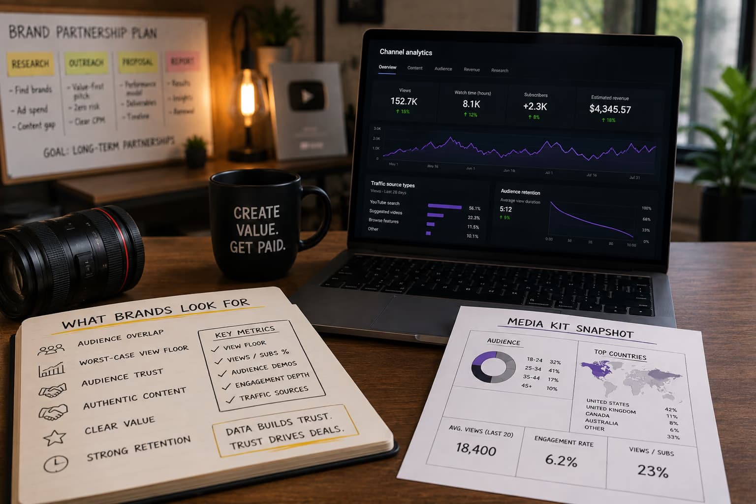 Carnet « ce que les marques cherchent » à côté d’un snapshot media kit (plancher de vues, ratio vues/abonnés, démo)
