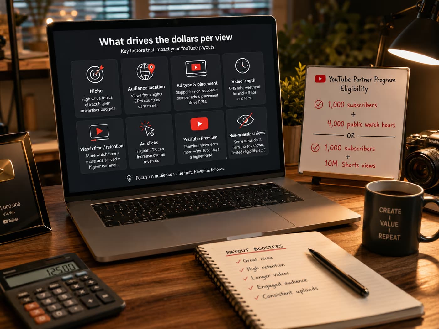 Eight factors that drive YouTube dollars per view, from niche and geography to mid-rolls and Premium