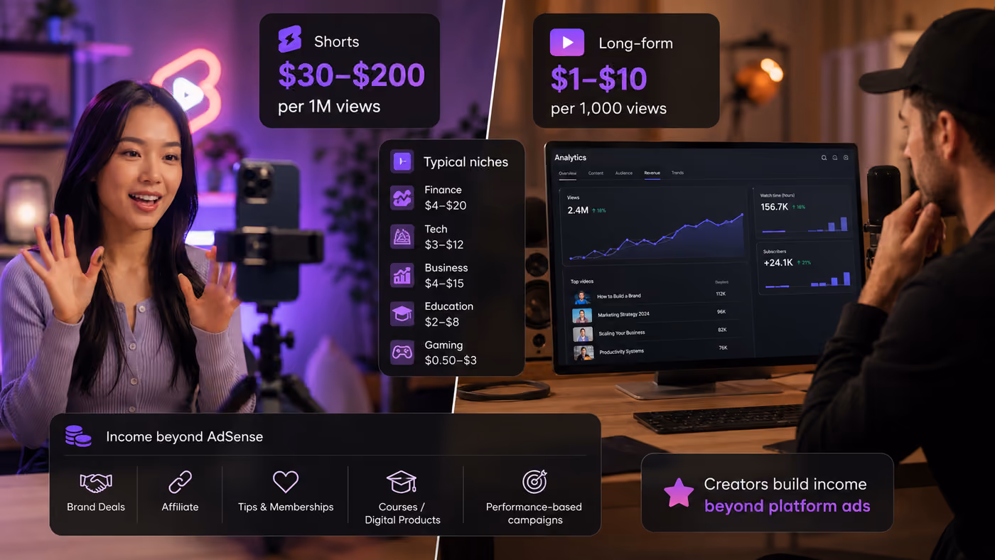 RPM YouTube typiques par niche, avec fourchettes Shorts vs long format