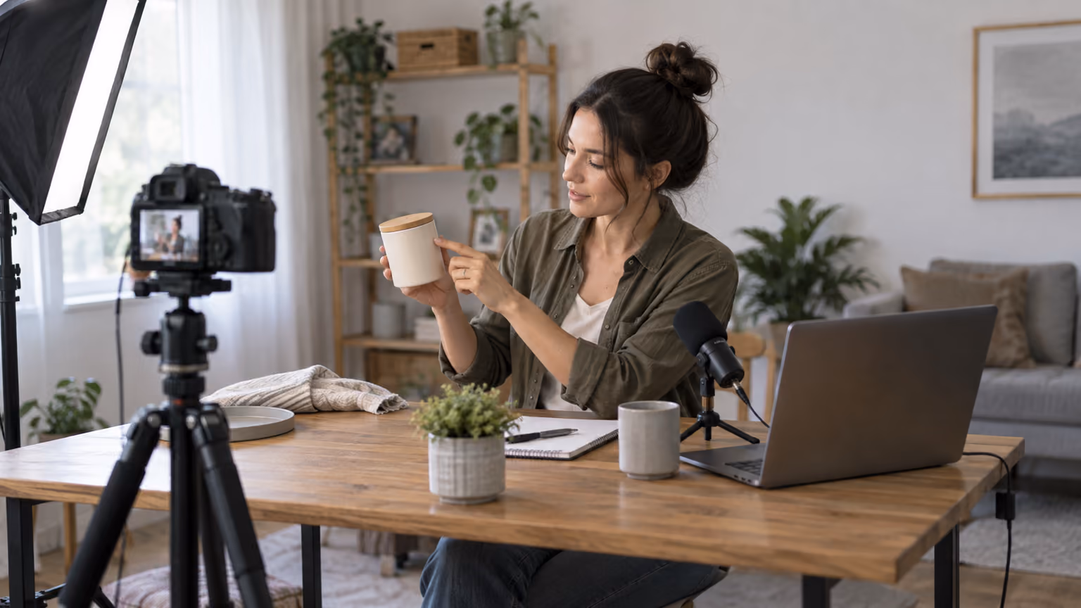 Creator filming a sponsored product segment at a desk, with a camera, microphone, and laptop