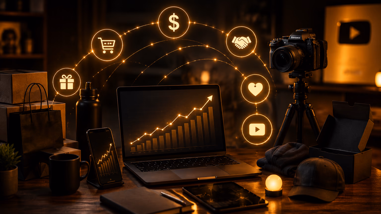 لوحة تحليلات يوتيوب في الاستوديو مع تدفقات الدخل — إعلانات واشتراكات وصفقات وبضائع وأفيلييت