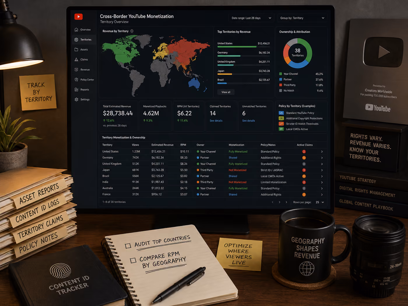 Cross-border YouTube monetization dashboard with RPM by territory, Content ID ownership, and policy notes