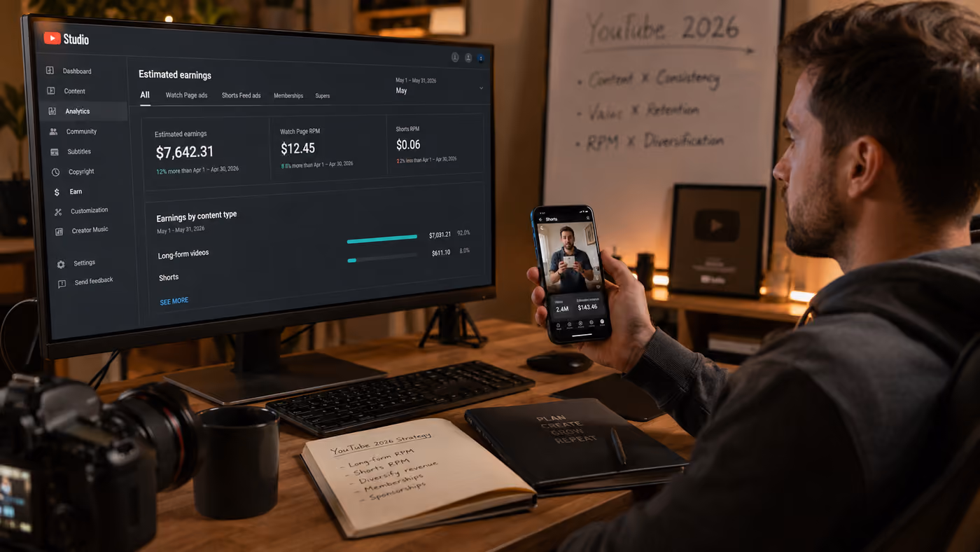 Tableau YouTube Studio comparant le RPM long format au RPM Shorts
