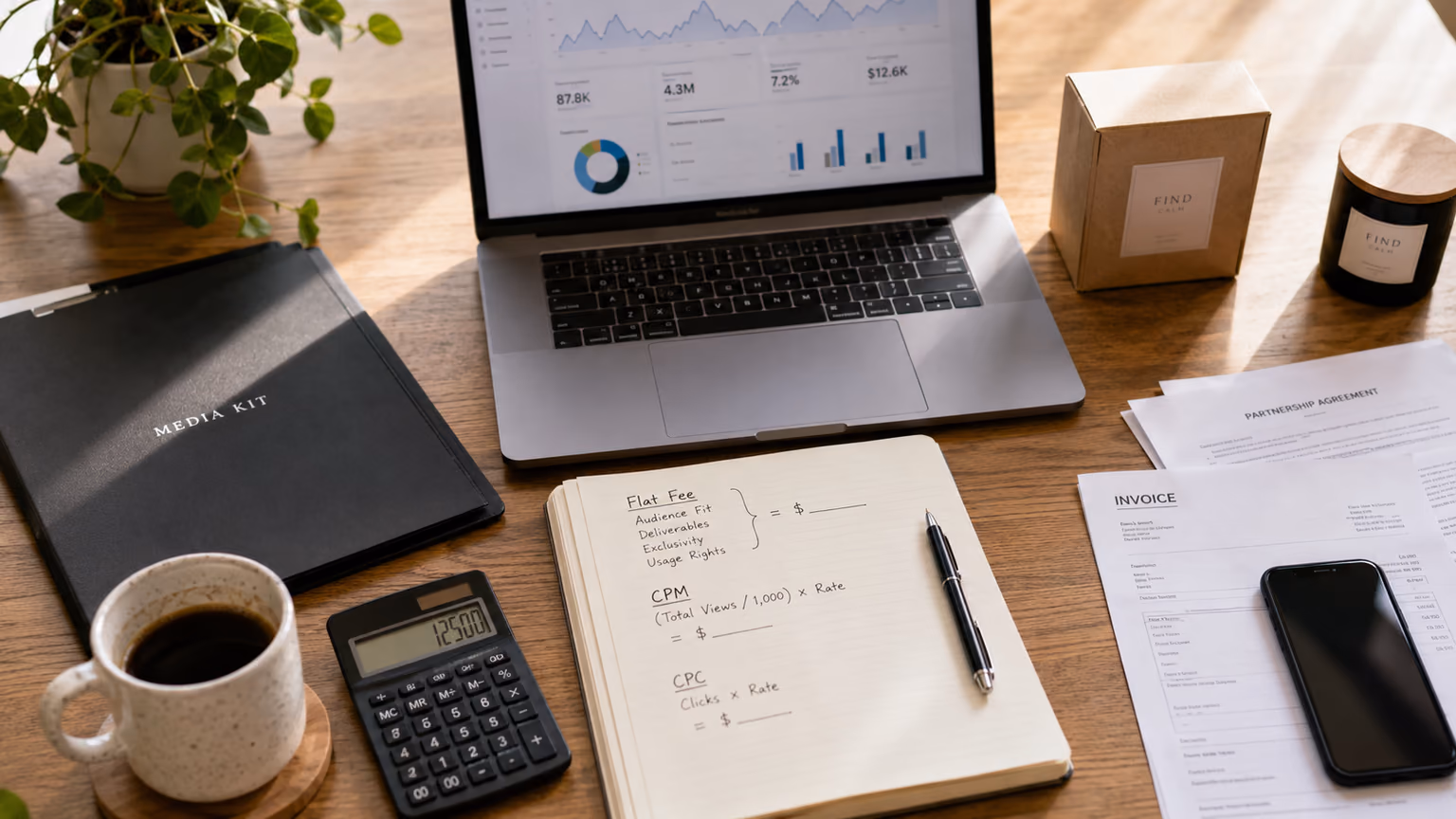 Notebook with Flat Fee, CPM, and CPC formulas beside a calculator, partnership agreement, and media kit