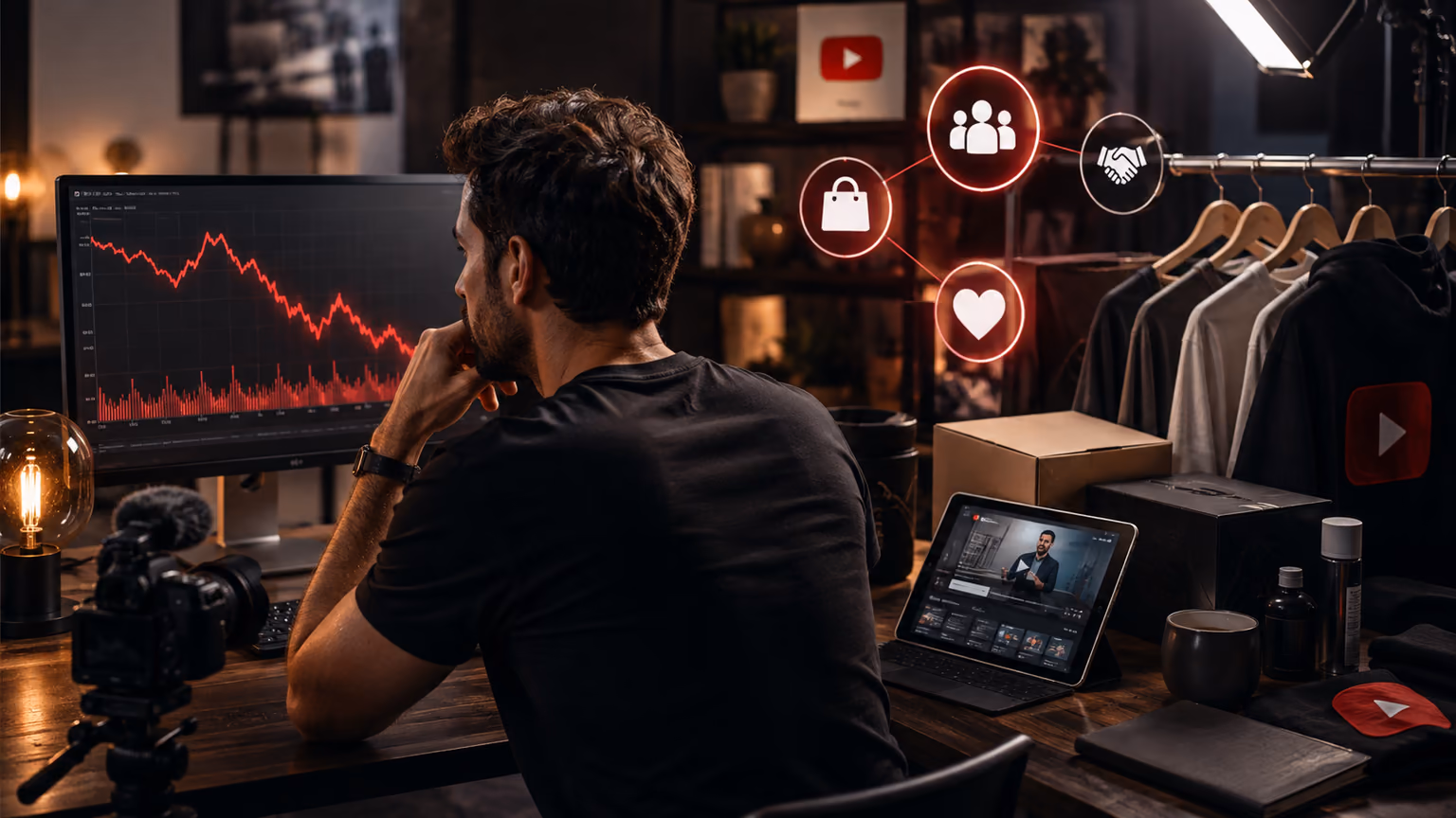 Créateur devant un graphique AdSense en chute, entouré de merch, de colis et d’icônes de revenus alternatifs