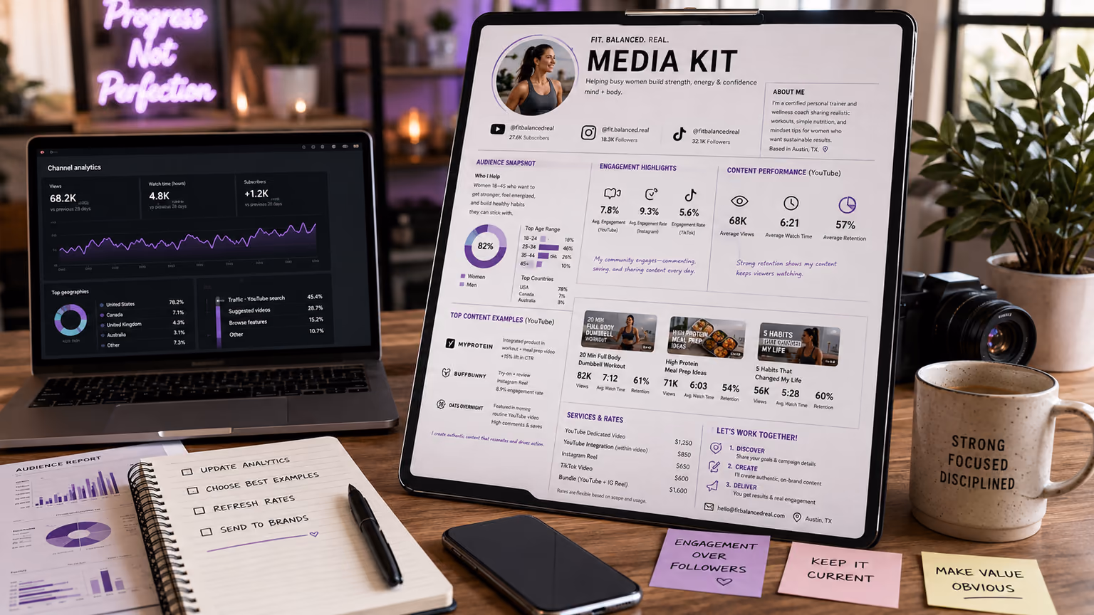 One-page creator media kit on a tablet beside YouTube analytics, with a checklist to update stats and rates