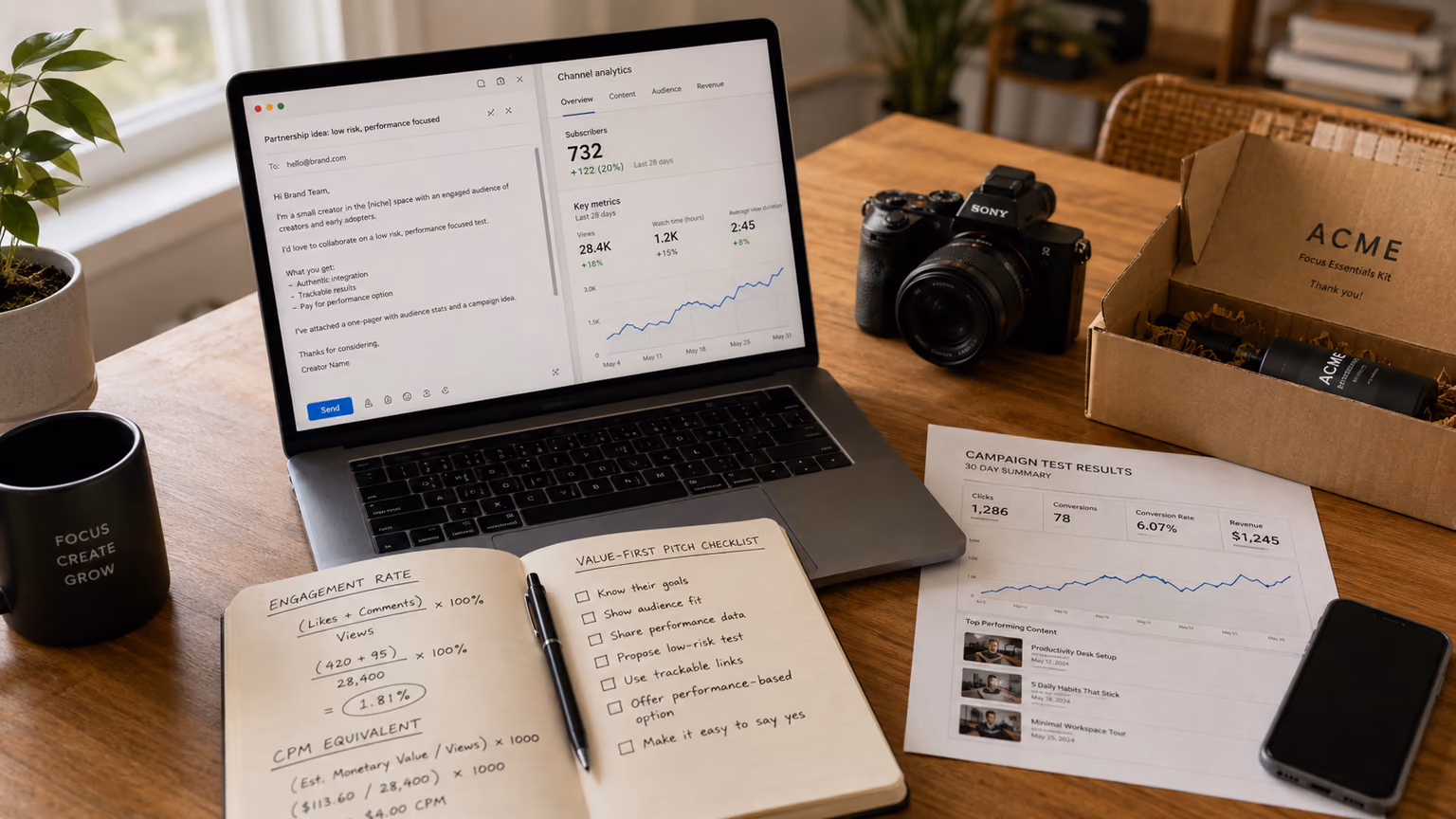Checklist pitch value-first avec formules taux d’engagement et équivalent CPM, à côté d’un rapport de campagne 30 jours