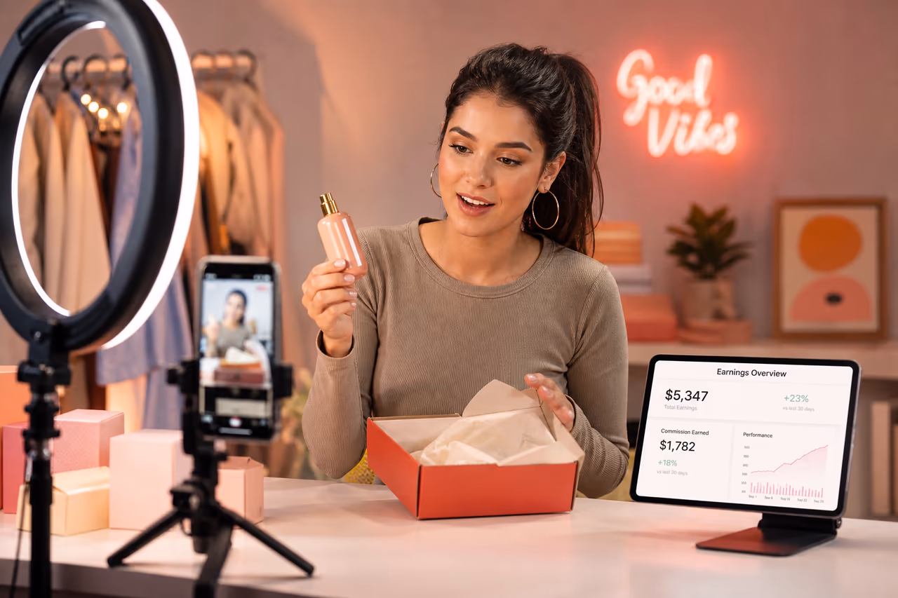 Creator filming a product review next to an earnings dashboard