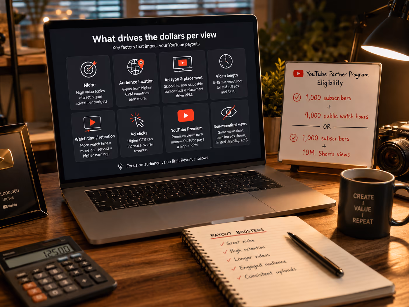 Huit facteurs qui déterminent le dollar par vue YouTube, de la niche et la géo aux mid-rolls et Premium