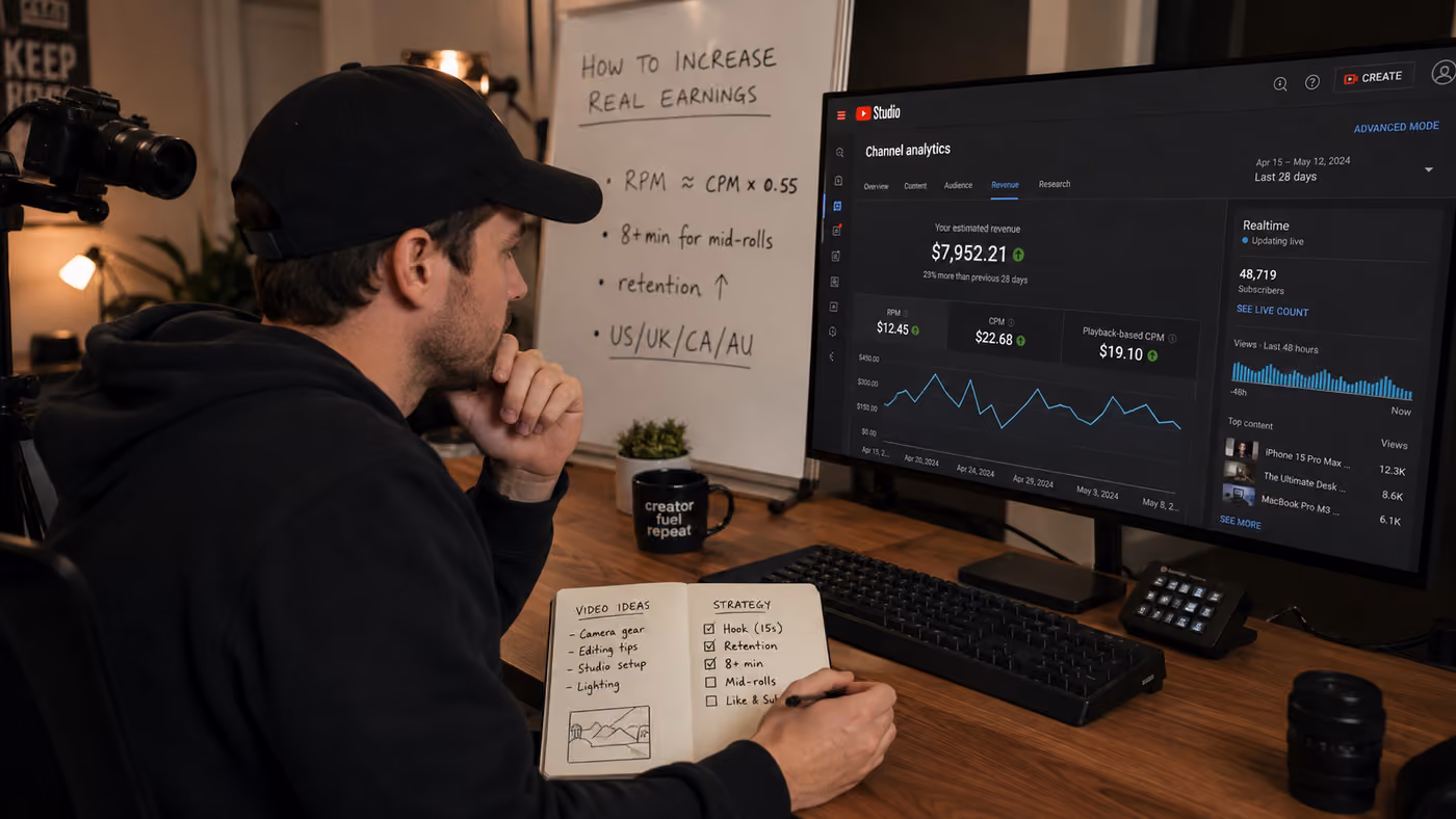 Studio créateur avec RPM versus CPM à l’écran et leviers pour relever les vrais gains